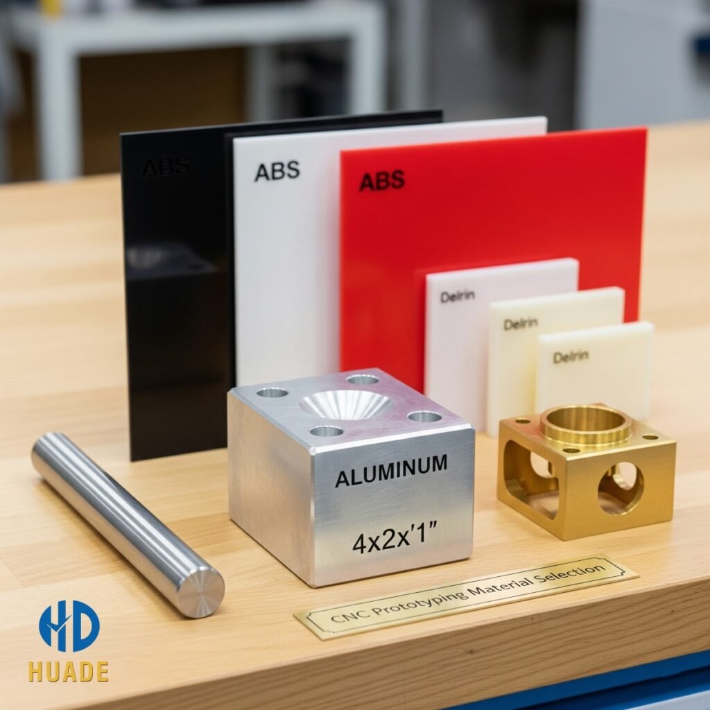 A collection of common CNC prototyping materials on a workbench, including aluminum, stainless steel, and various plastics. This image visually represents the material selection process for CNC parts.