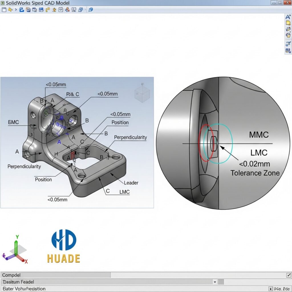 A comparison image of a CAD model with detailed tolerance design on the left and a magnified view of the tolerance zone on the right, highlighting precision in manufacturing.