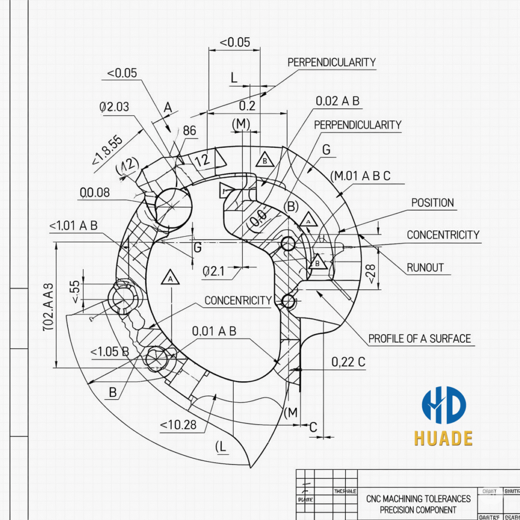An engineering drawing with GD&T symbols and tolerance annotations, illustrating the precision of CNC machining tolerances.