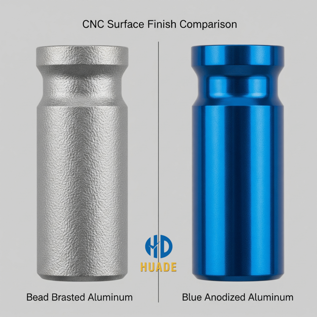 A comparison of a CNC part with a bead-blasted finish on the left and a blue anodized finish on the right.