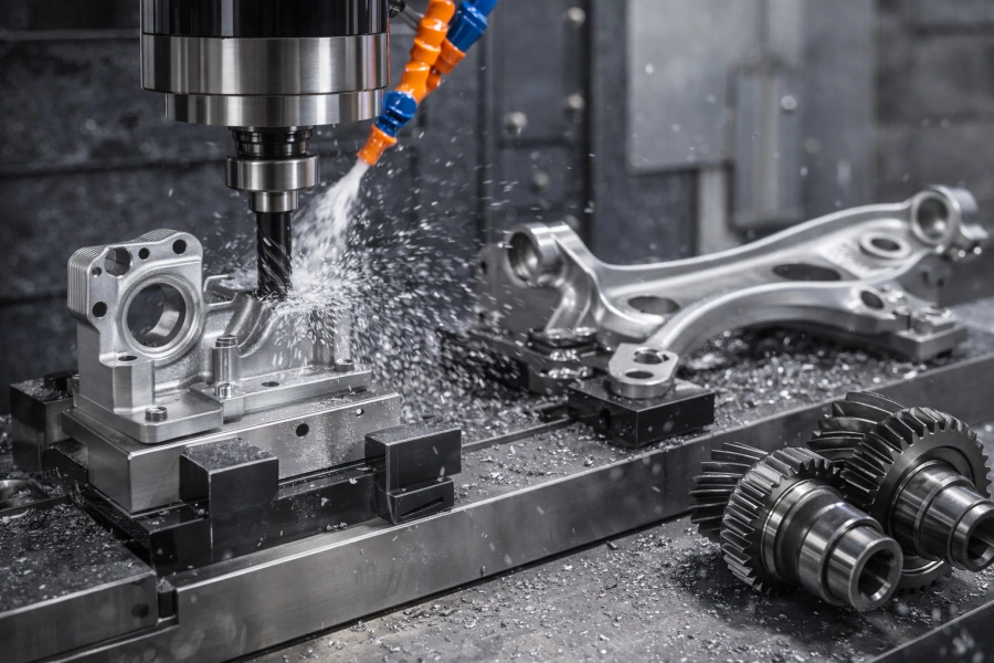 CNC machining automotive engine mount and suspension control arm with coolant and transmission gears in the foreground