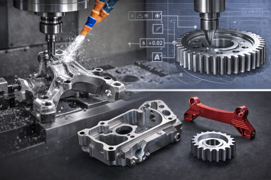 CNC machining of automotive parts including housings, gears, and brackets with high-precision milling operations