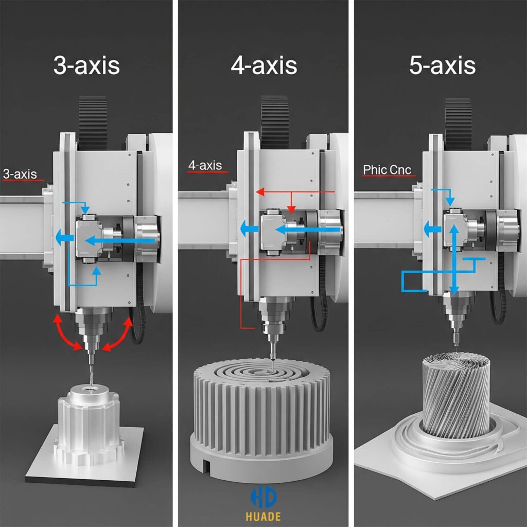 Comparison of 3-axis, 4-axis, and 5-axis CNC prototyping with different machining capabilities