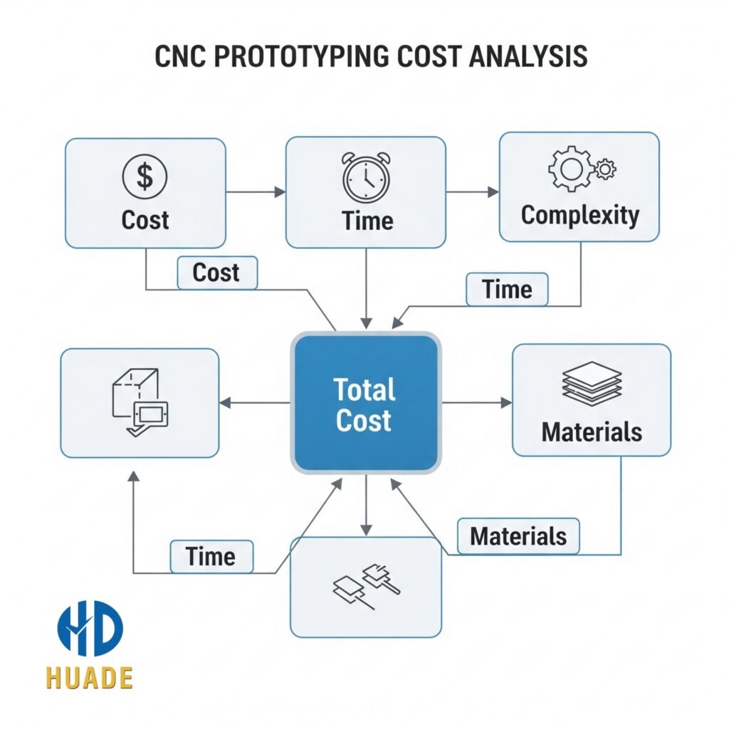 A flowchart showing the relationship between cost, time, complexity, and materials in the rapid prototyping cost.
