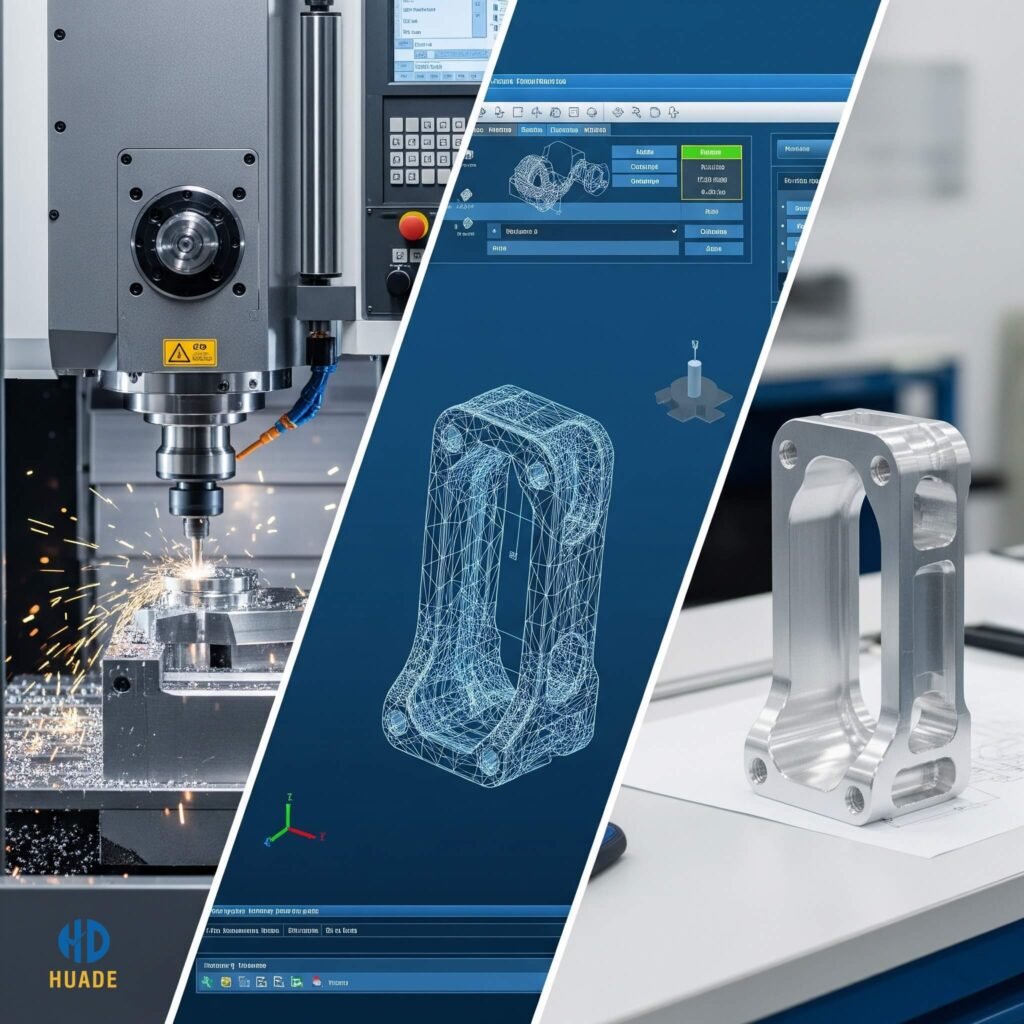 CNC prototyping process showing machine operation, CAD modeling, and final machined parts