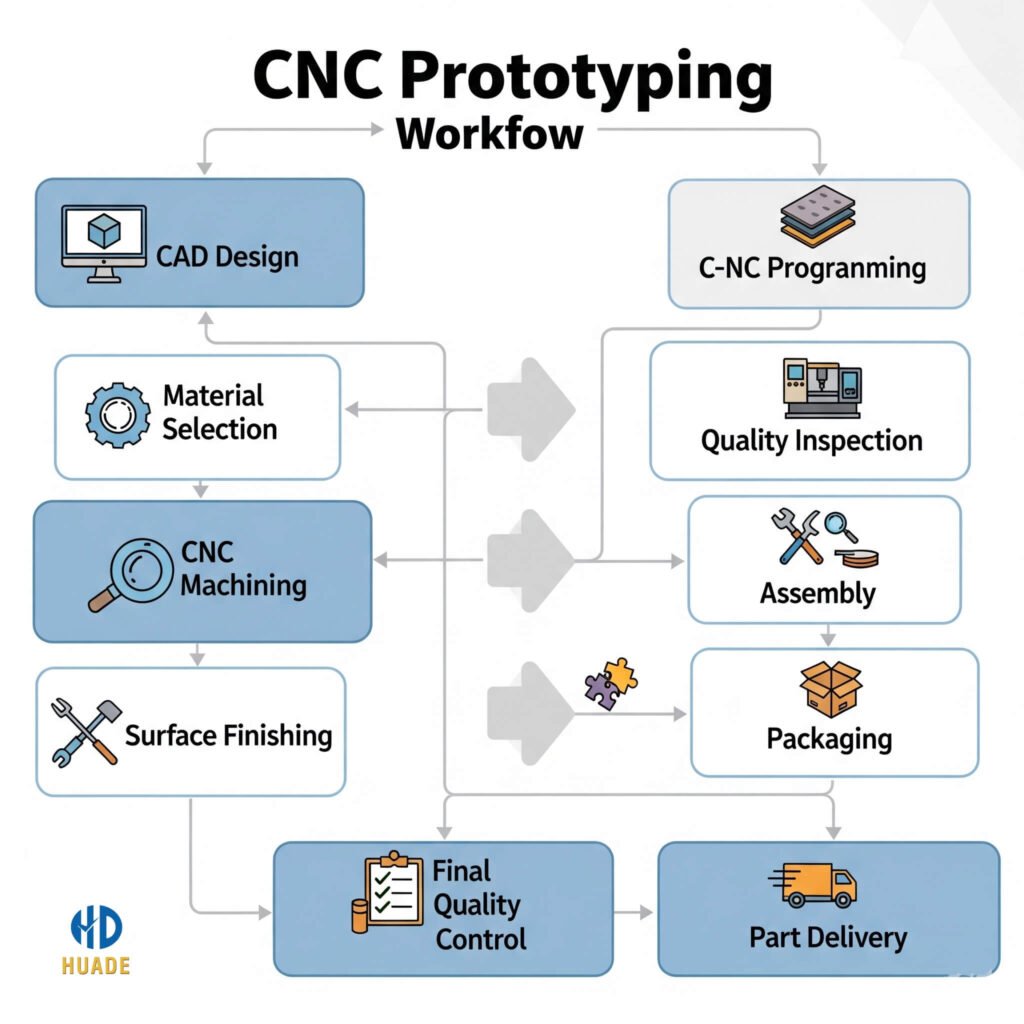 Flowchart of the CNC prototyping process from CAD design to final part delivery