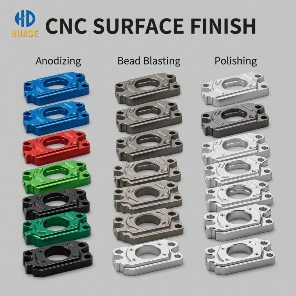 A comparison image of CNC parts showing different surface finish effects, including anodizing, bead blasting, and polishing.