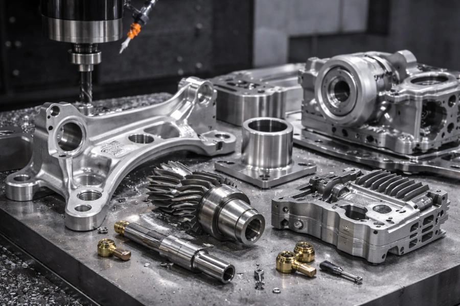 Collection of precision cnc automotive parts including suspension knuckle, helical gears and complex housings