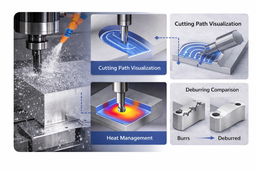 6061-aluminum-machining-concepts-cutting-path-heat-deburring 6061 aluminum CNC machining concepts including cutting toolpaths, heat management and deburring comparison