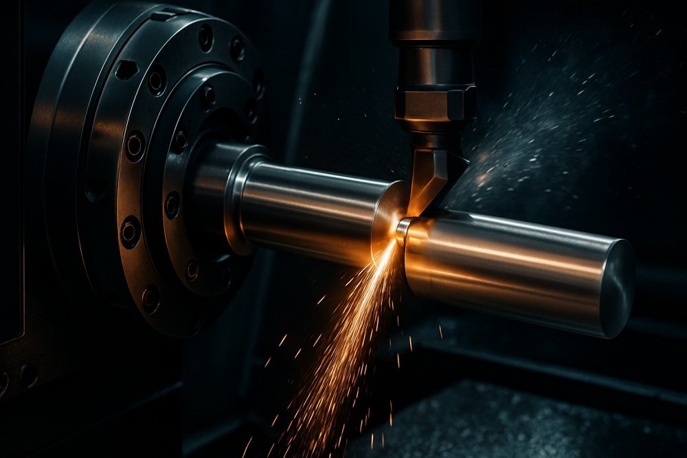  A professional close-up shot of a CNC machine cutting a Monel K500 round bar