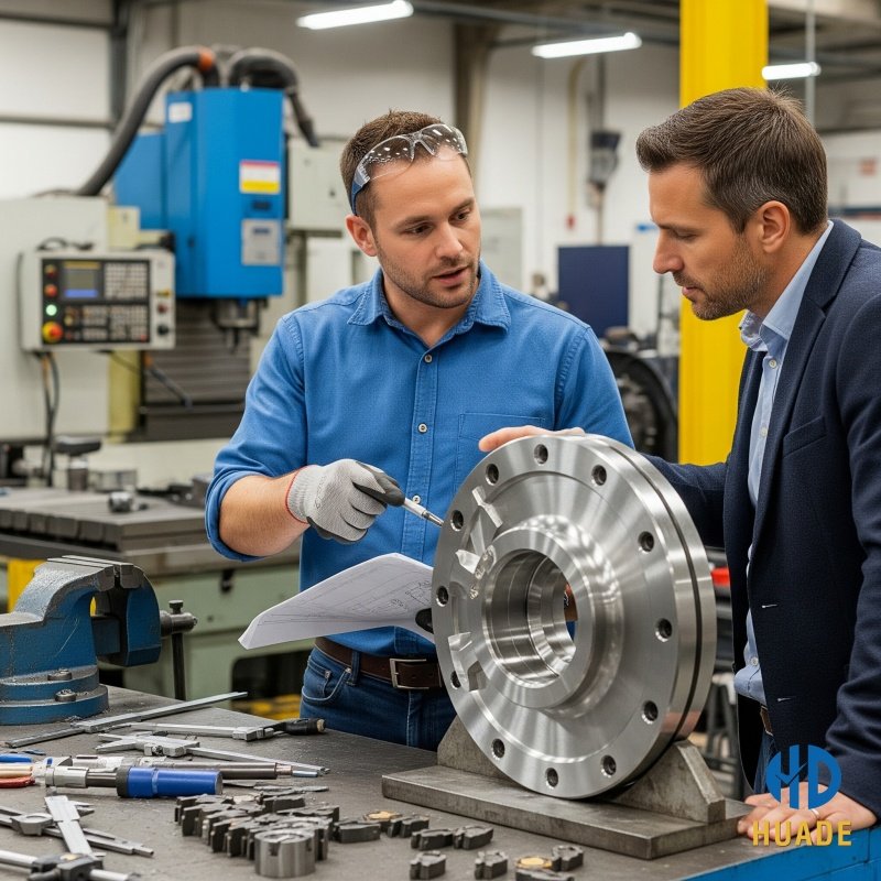 An engineer from Dongguan Huade providing Monel machining service consultation to a client, discussing a CNC machined Monel component