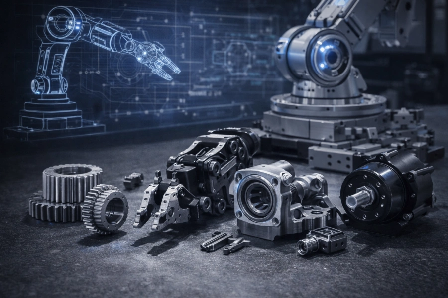 CNC-machined robot gears, grippers and actuator housings displayed in front of an industrial robotic arm and holographic blueprint.