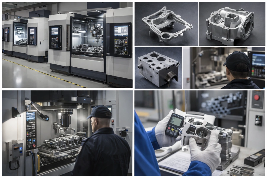 Secure CNC machining workflow showing machining centers, prototype parts, inspection, and controlled-access operations.