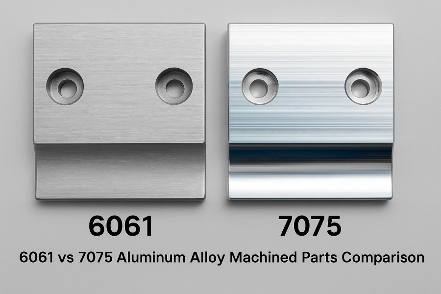 Side-by-side comparison of machined 6061 and 7075 aluminum alloy parts showing surface texture and color difference.