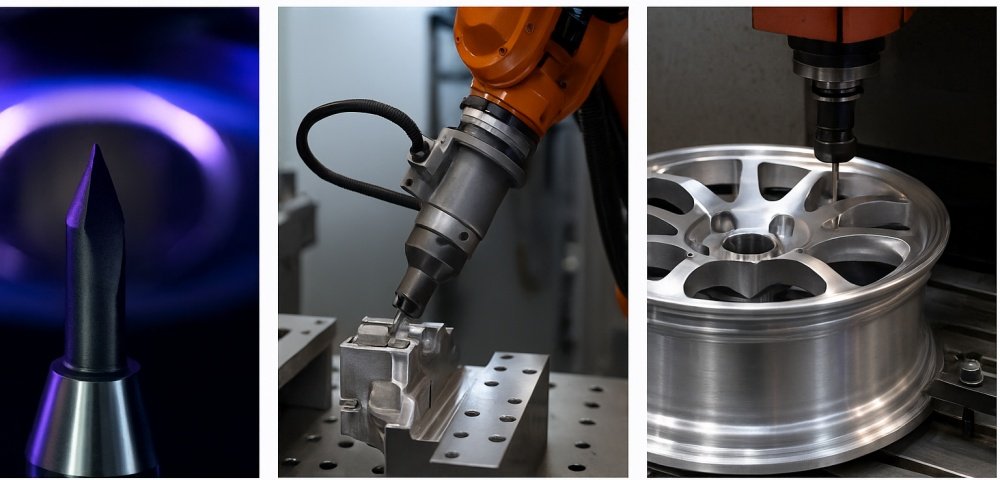 Robotic or automated cell performing detailed deburring parts operation on a complex machined metal component.