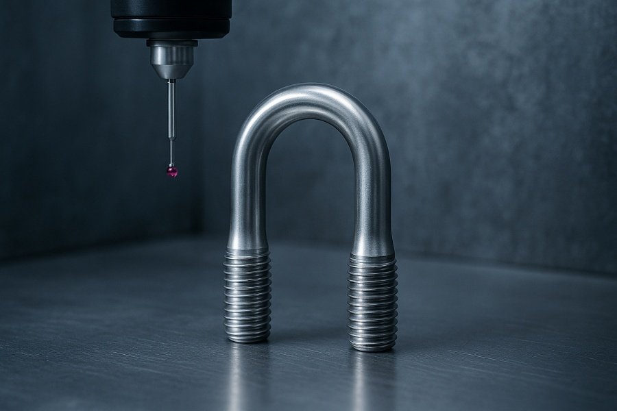CNC machining of U-bolt threads CNC lathe cutting metal bolt threads during u-bolt machining