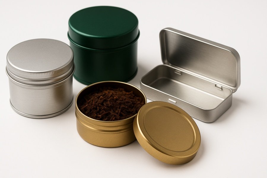 CNC machined metal tobacco cans in silver, bronze, and black stacked on white background