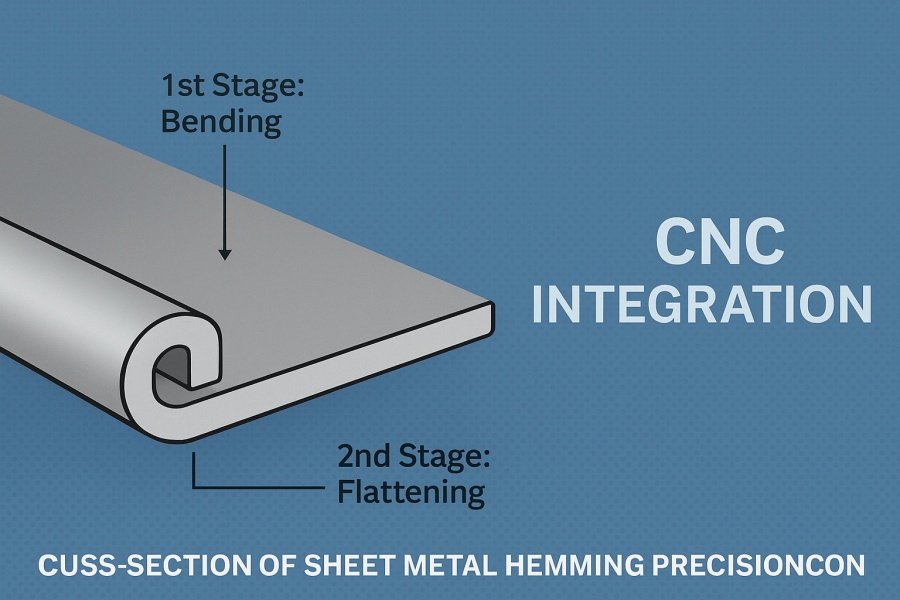 Two-Stage Sheet Metal Hemming Process with CNC Integration Cross-section illustration of a two-stage sheet metal hemming process showing bending and flattening with CNC integration