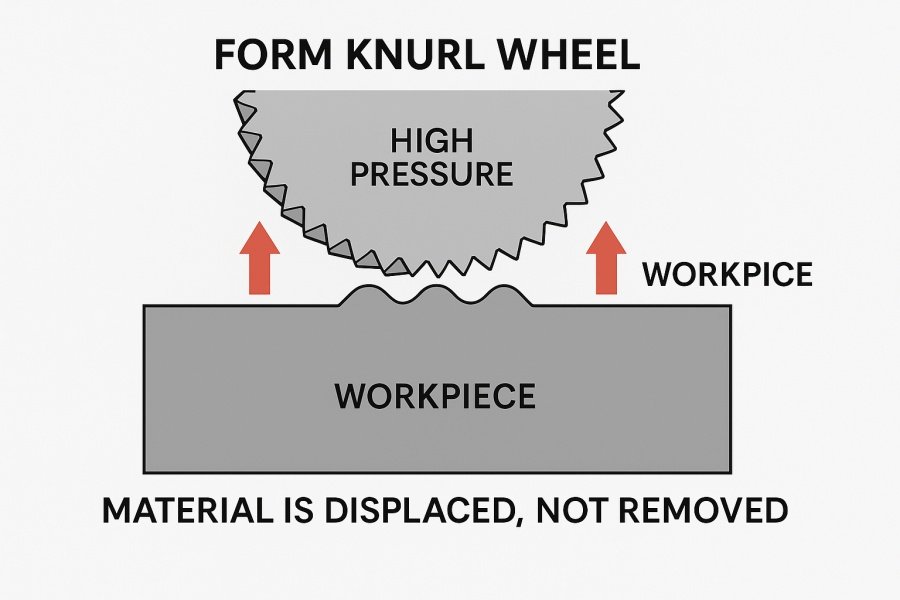 A diagram illustrating the form knurling process, showing how a tool wheel displaces material under high pressure to create the knurl peaks.