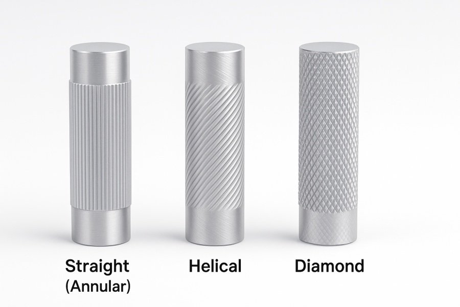 A side-by-side comparison of the three main knurling types: straight, helical, and diamond patterns on identical metal rods.