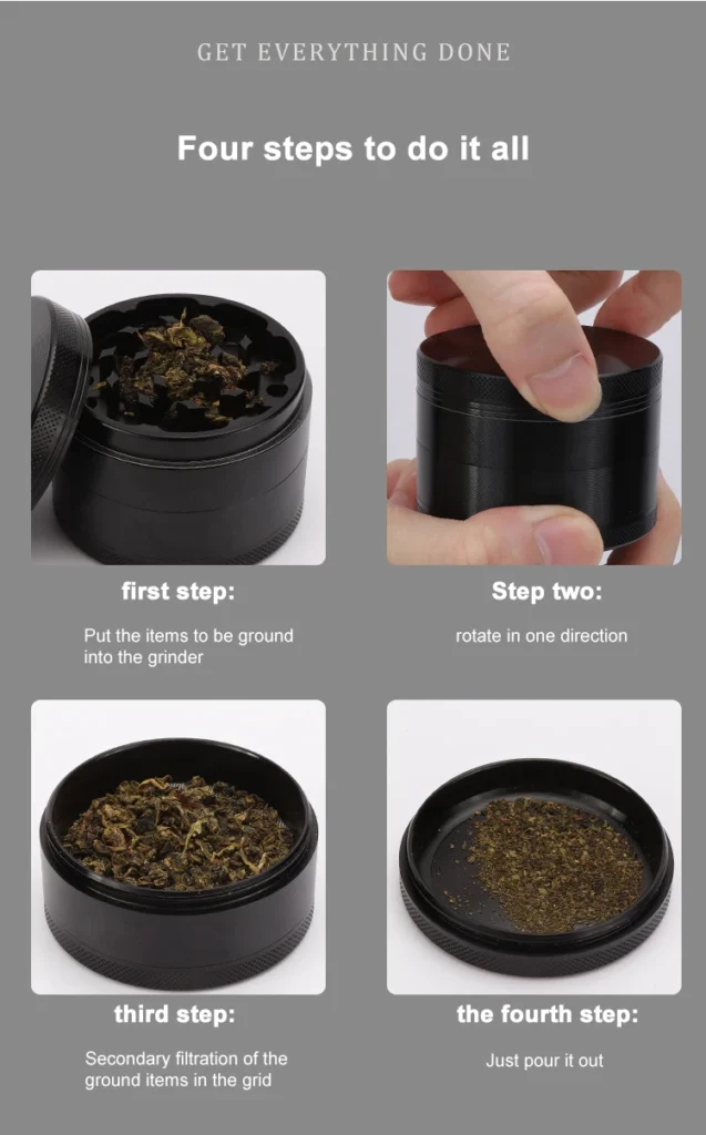 Step-by-step guide on how to use a 4-piece herb grinder: load, grind, and collect ground herbs