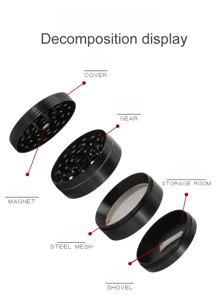CNC machined aluminum herb grinder 4-piece metal herb grinder decomposition display showing lid, diamond grinding teeth, mesh kief screen, and pollen catcher.