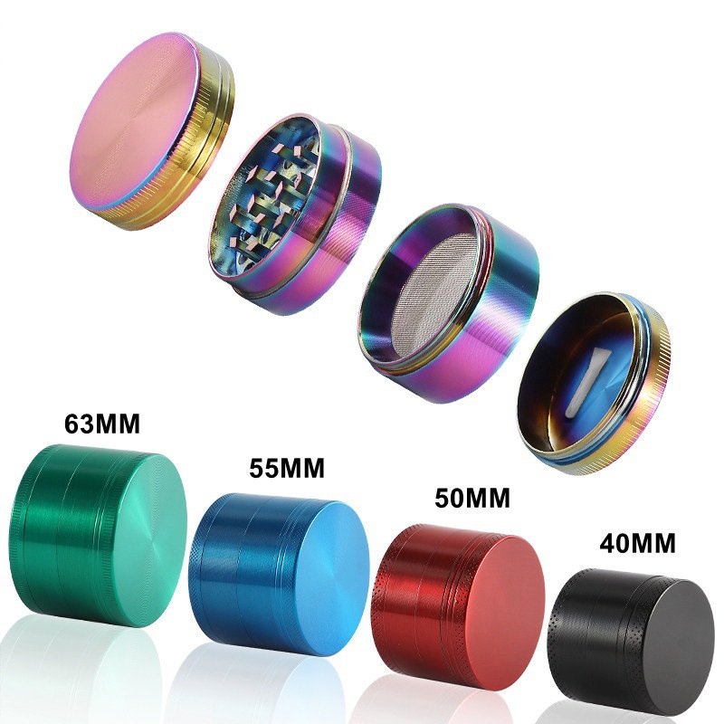 Custom tobacco grinder size comparison showing 40mm 50mm 55mm and 63mm diameters