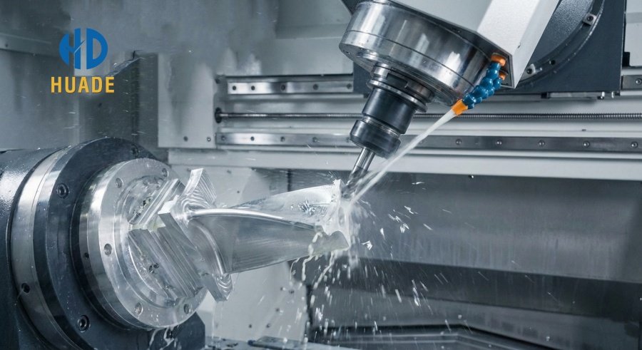 5-axis CNC milling machine cutting complex aluminum part with coolant spray.