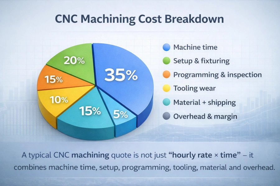 CNC machining cost breakdown pie chart showing machine time, setup, programming, tooling, and material cost percentages