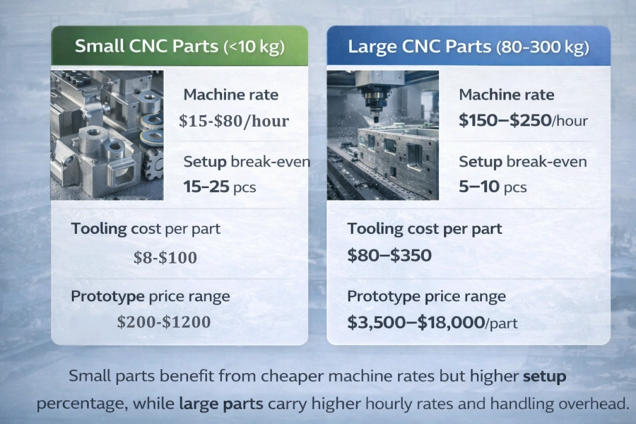 Side-by-side comparison of CNC machining prices for small parts versus large heavy machining projects