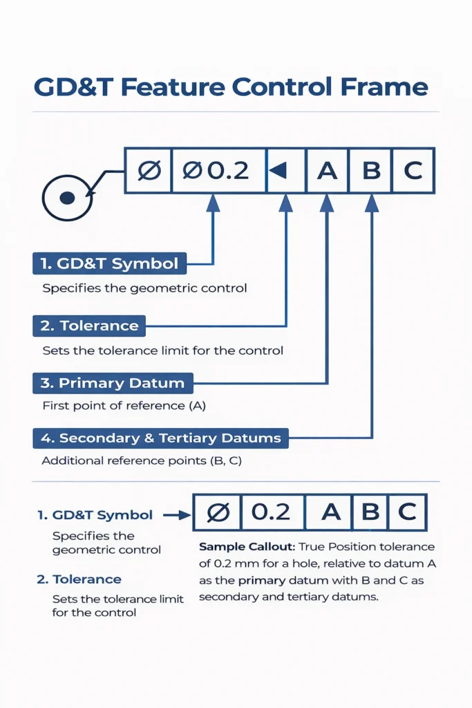 GD&T feature control frame example showing geometric tolerance symbol, tolerance value, and datum references used in CNC machining drawings