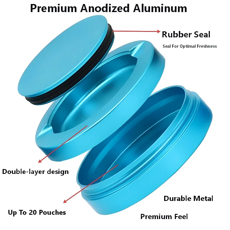 Exploded view of a metal snus can showing the lid, silicone O-ring, and main body.