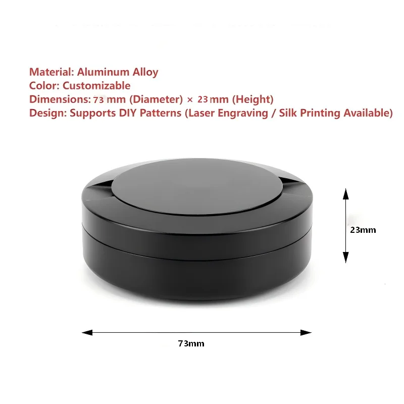 Technical drawing of a standard 73mm metal snus can with diameter and height specifications.